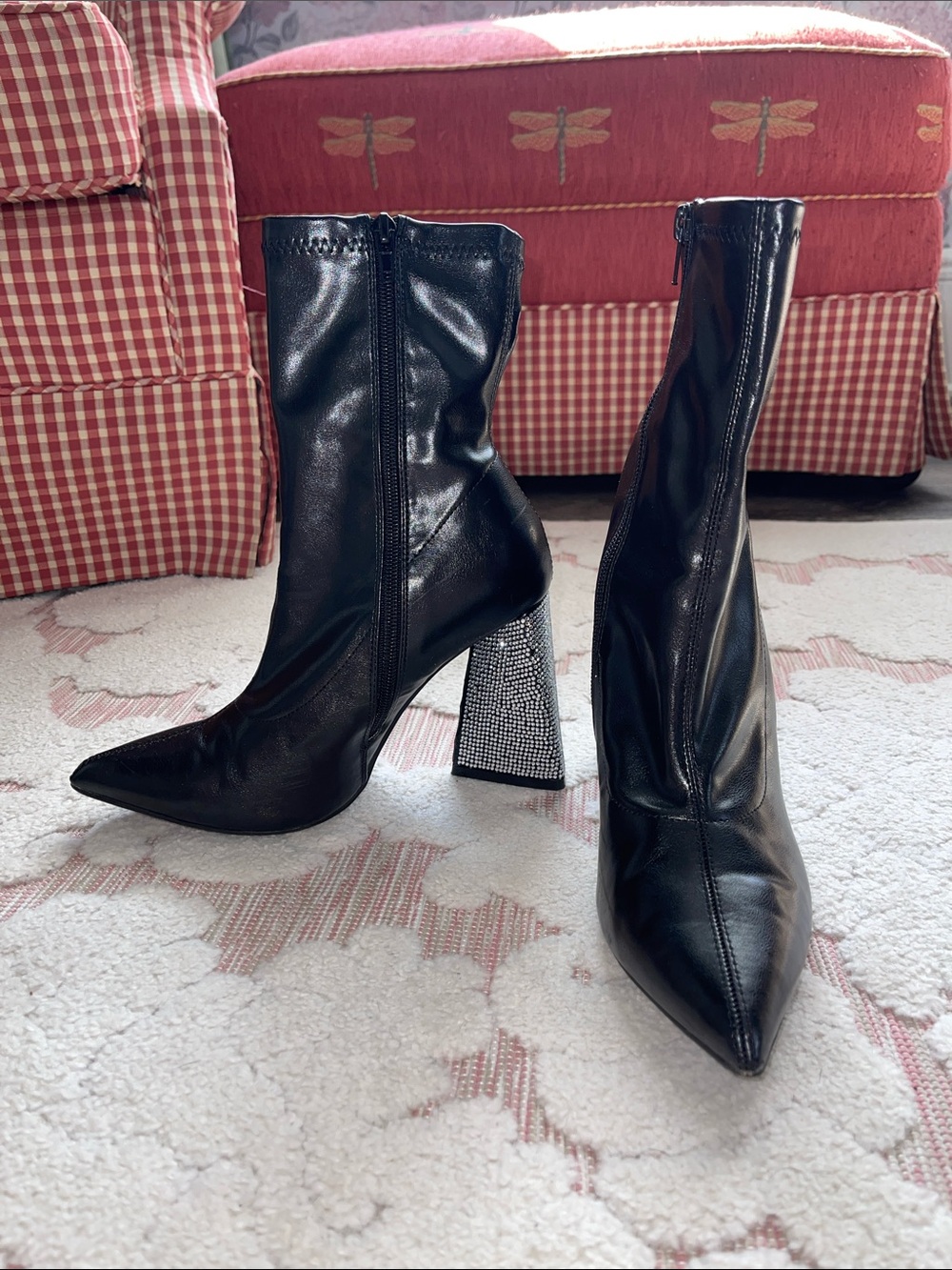 Black Pointed Toe Boot with Embellished Block Heel